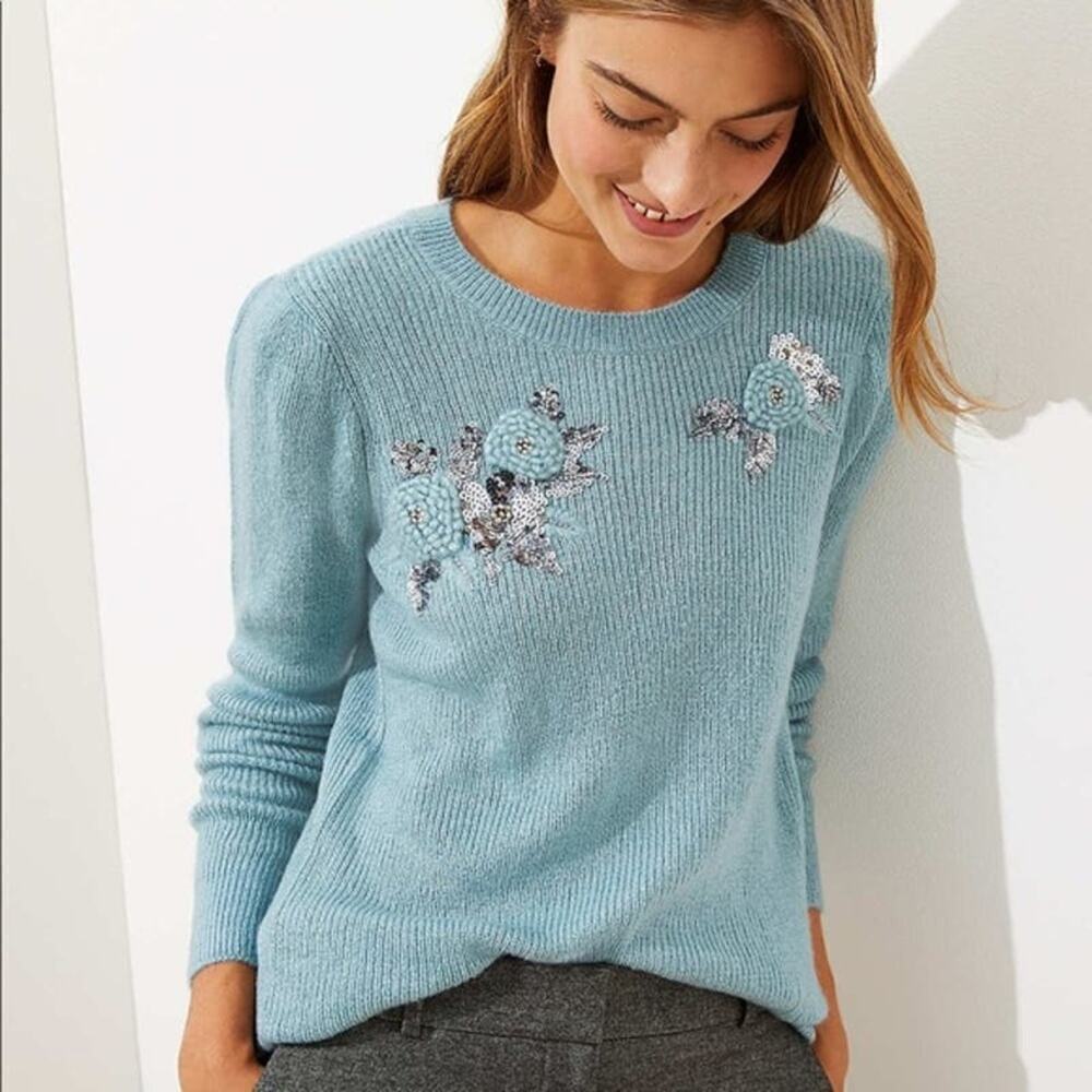 LOFT‎ Tiffany Winter Blue Floral Embroidered Sequin Sweater XS